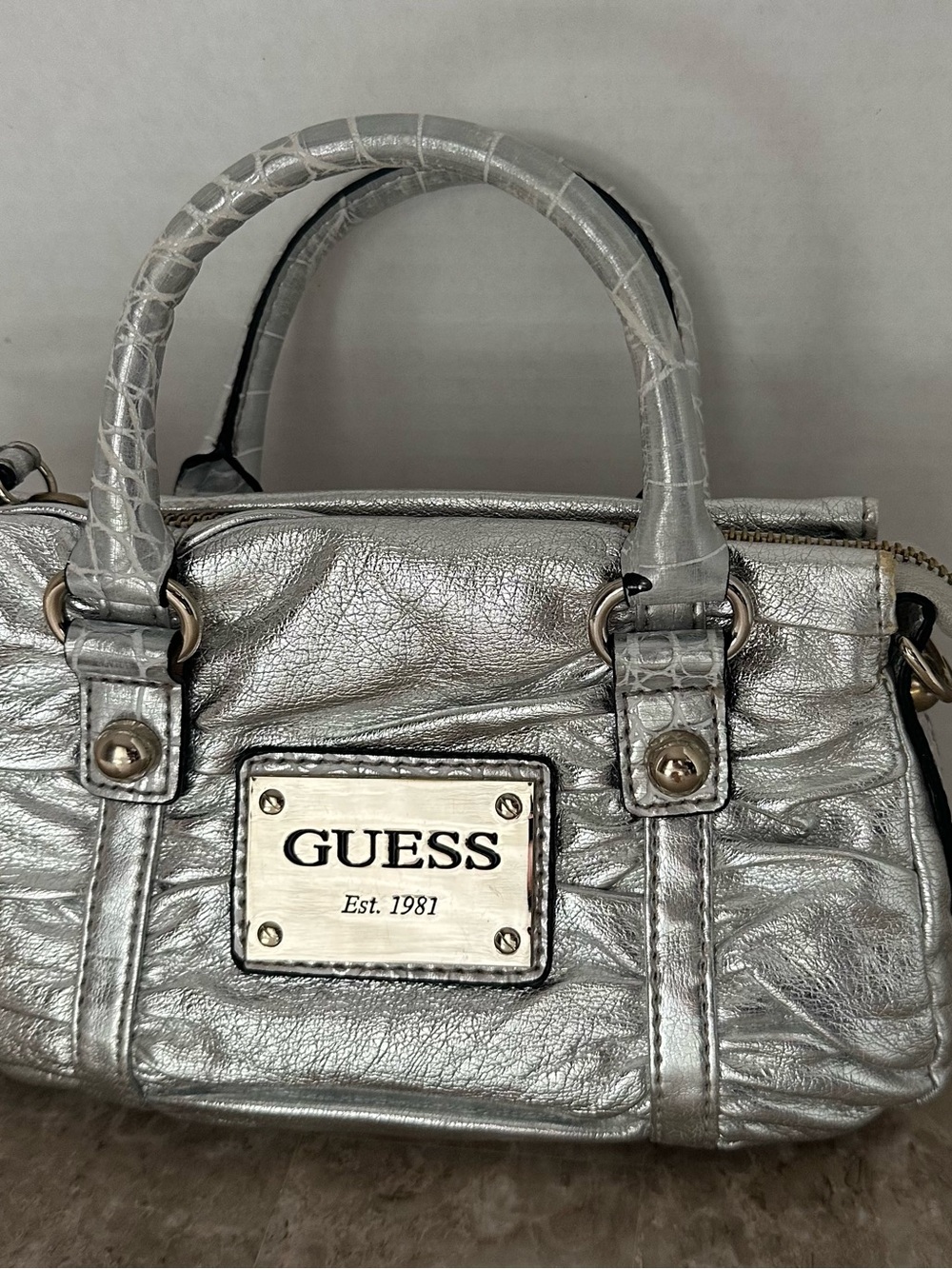 Guess Vintage Silver Metallic Bag McBling Mini Distressed Cyber Glam Baguette